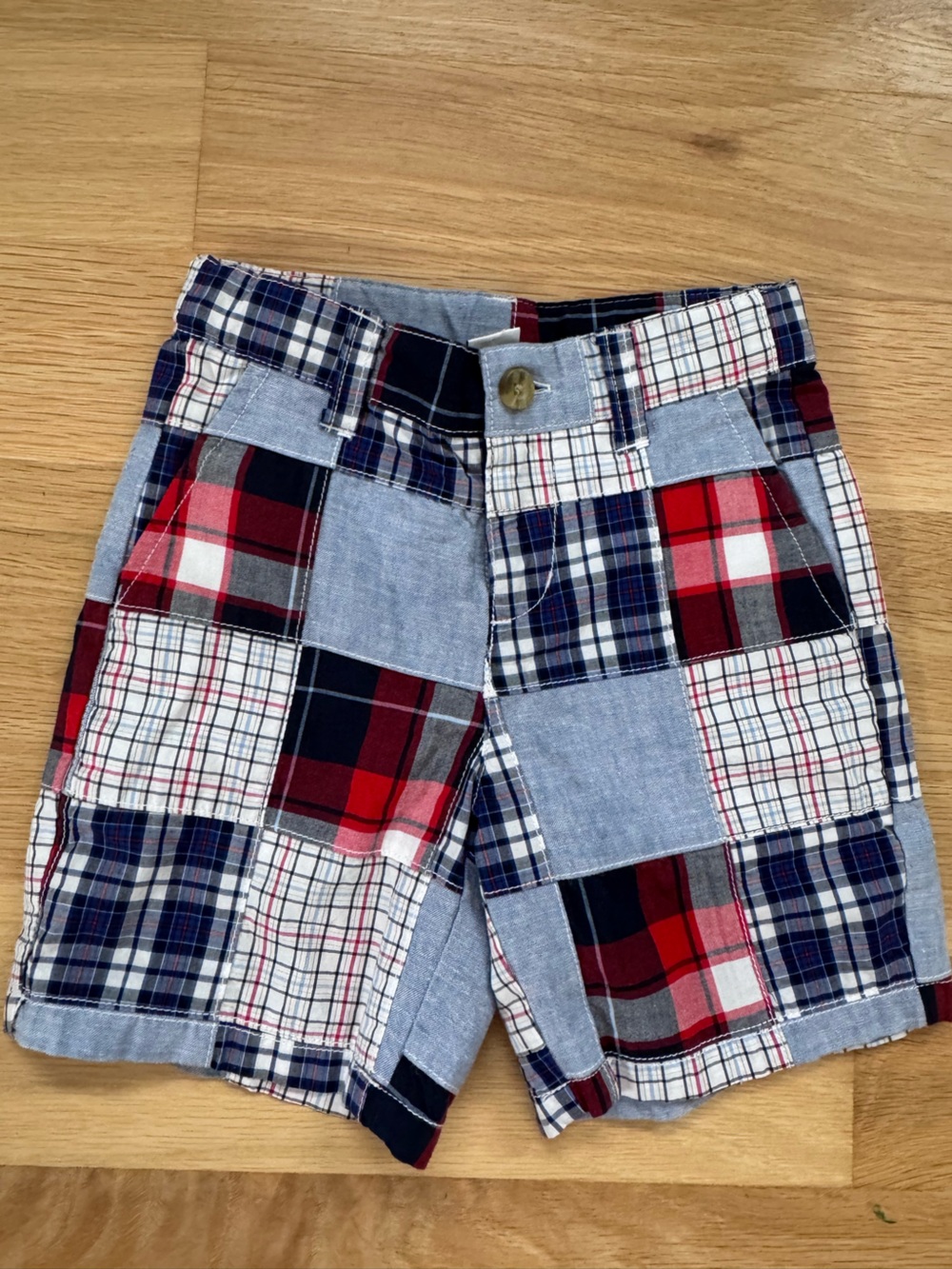 Janie and Jack Toddler Patchwork Plaid Shorts in Red, Navy & Light Blue